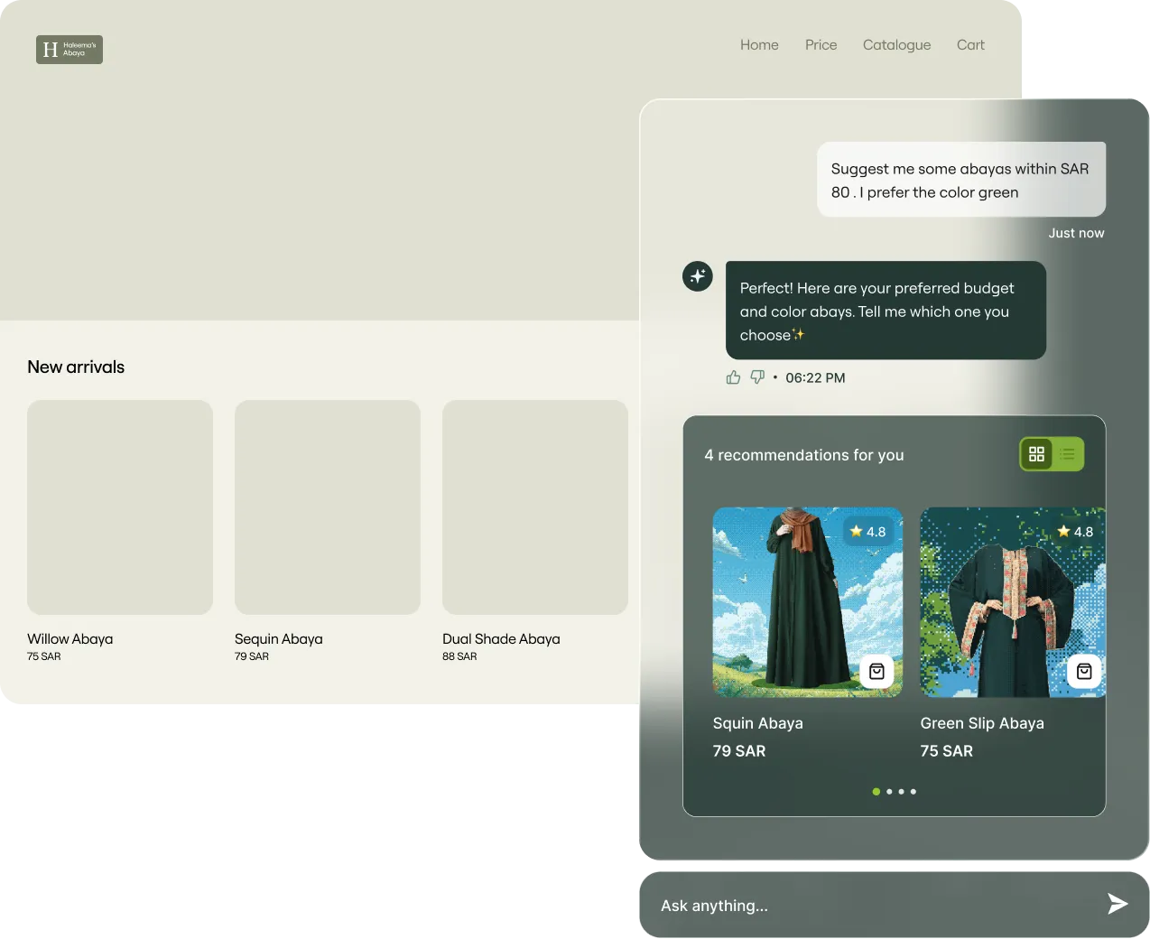 Revora AI chat recommending products inside an ecommerce storefront